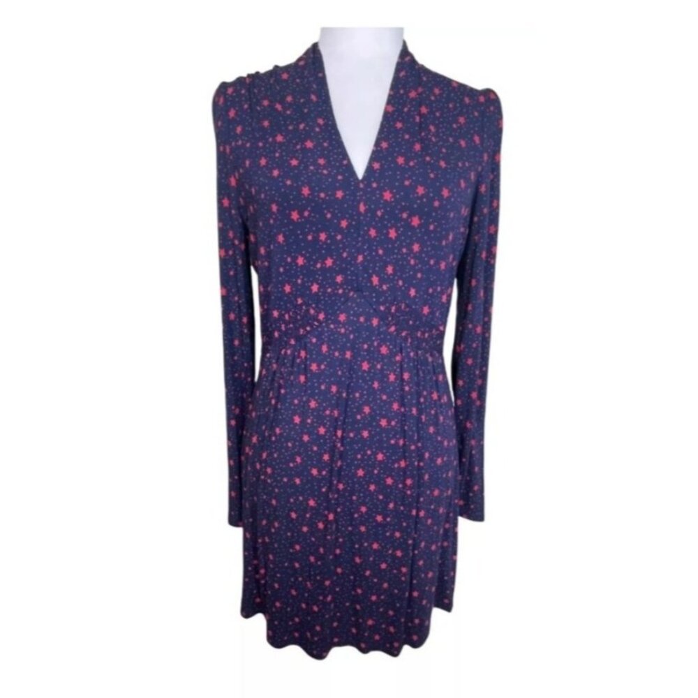 Boden Women's Size 4 Betty Blue Red Star Print Viscose Jersey Dress Long Sleeve